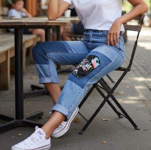 Hippie Denim Denim - Hippie Denim Boho Embroidered Patchwork Slim Straight Jeans 31 Cropped Unique